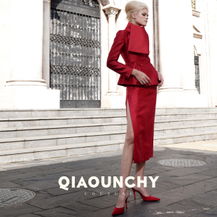 法国红 包臀半身裙一步裙 QIAOUNCHY俏云曦｜丝毛混纺高开衩法式