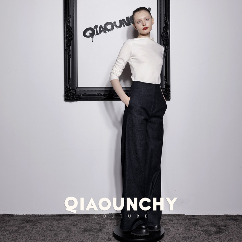 钱袋子 QIAOUNCHY俏云曦｜复古蓝色牛仔洗水棉高腰阔腿裤25秋长裤