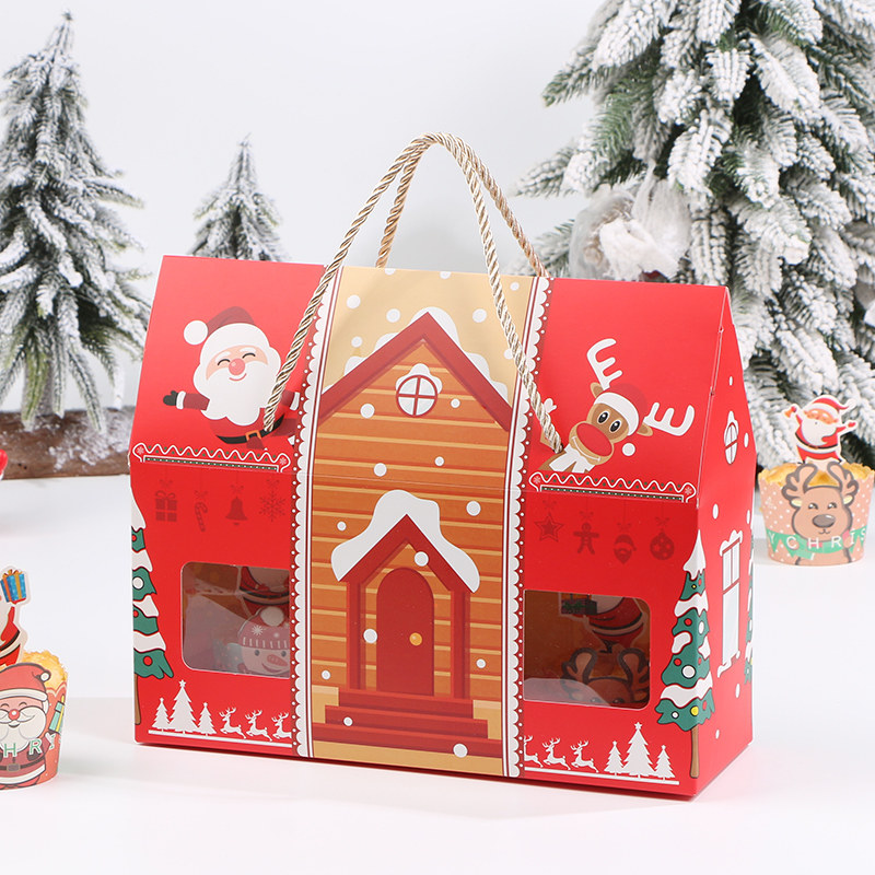 红色圣诞节纸杯蛋糕包装盒手提3粒马芬盒杯子蛋糕盒烘焙糕点礼物