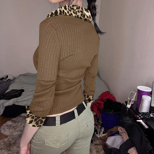 气质成熟豹纹V领针织衫设计感都市欧美女装修身显瘦秋款长袖上衣