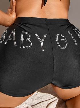 夏季欧美性感加大码胖泳裤黑色平角裤镶钻字母款泳裤Boxer trunks