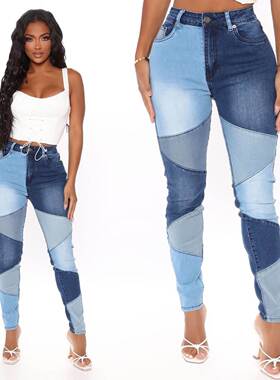 2021秋冬高腰几何拼接气质紧身小脚黑色女长牛仔裤cowboy pants