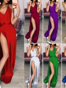 夏季时尚欧美丝滑不规则 高腰性感v领吊带开叉拖地连衣裙女晚礼服