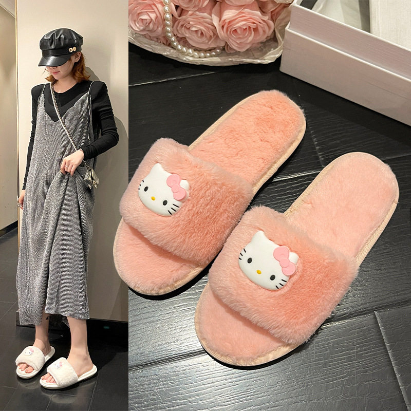 shoes women外贸棉拖鞋卡通毛毛拖鞋女室内居家秋冬短毛绒平底一