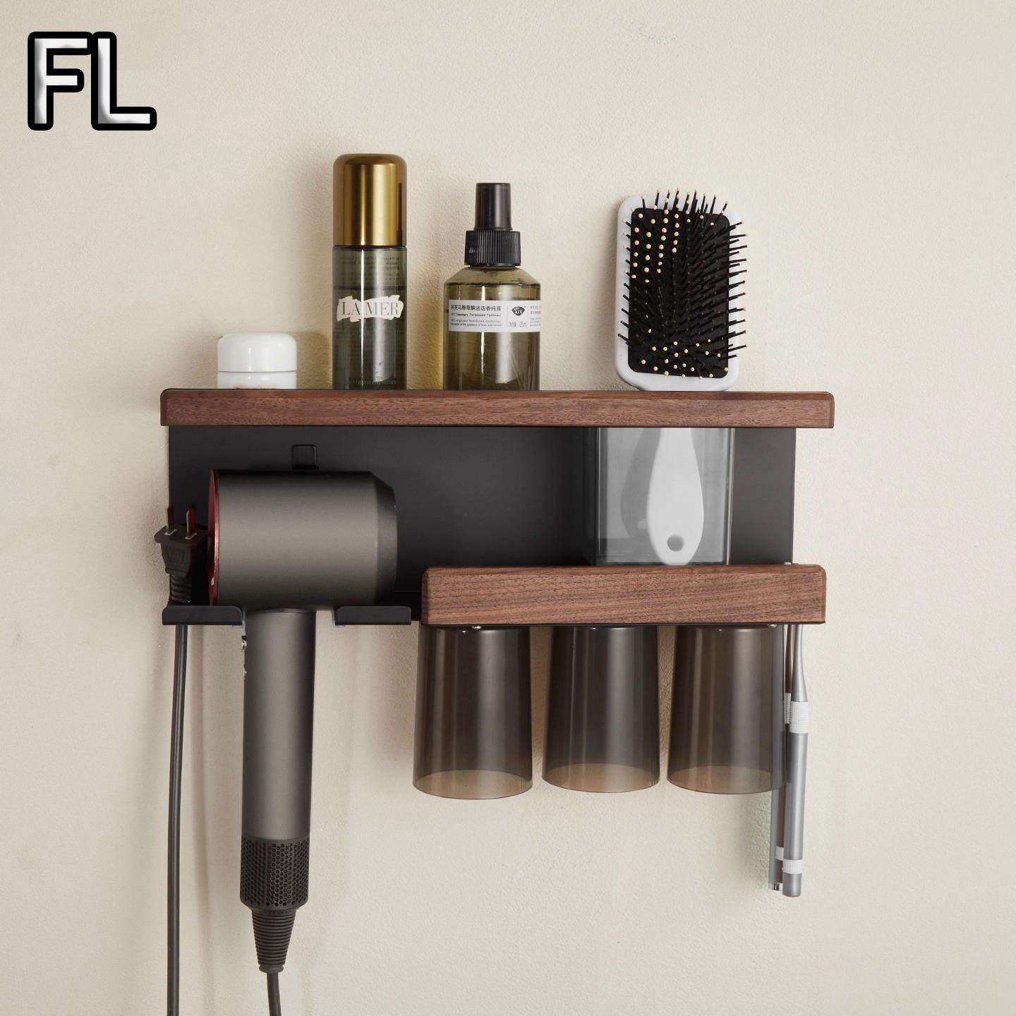 德国胡桃木置物架家用浴室免打孔吹风机挂架卫生间牙刷牙杯收纳架