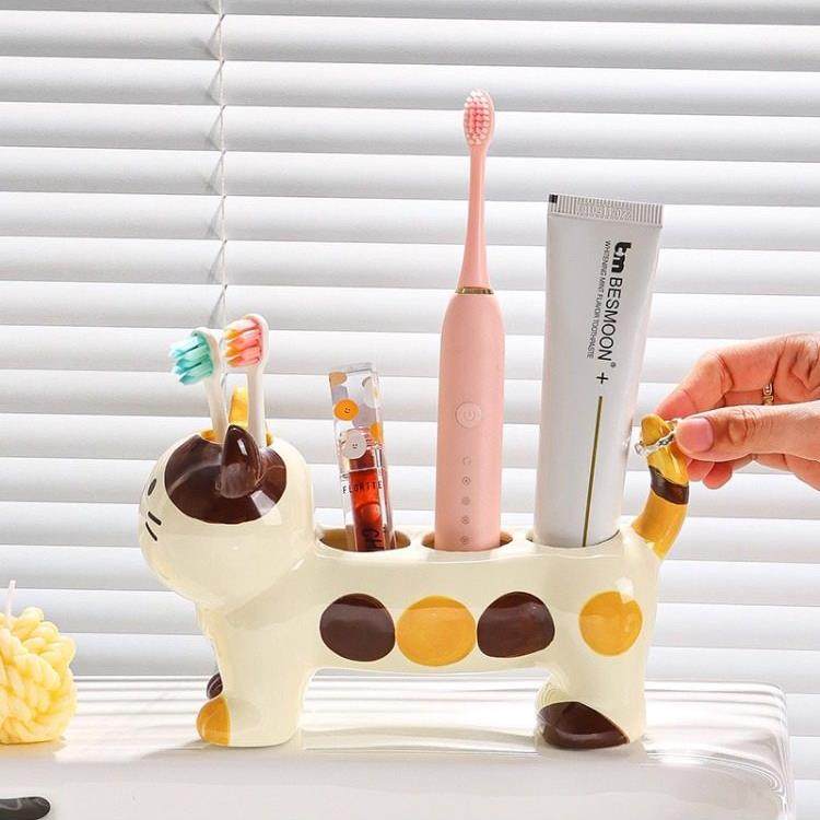 三花猫陶瓷电动牙刷收纳架卫生间浴室牙刷牙膏一家三口牙刷置物架