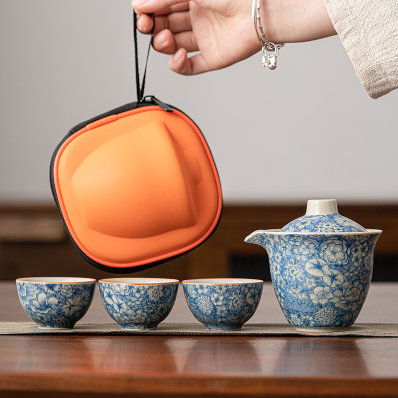 韩恬繁汝窑旅行茶具套装青花