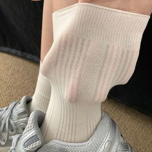 薄款 灰色袜子女夏季 中筒透气卷边堆堆长筒袜夏袜女无骨日系miu风