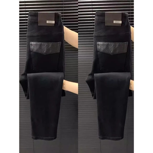 牛仔裤男2024冬季新款修身小脚裤高品质潮流拼皮休闲百搭长裤男士