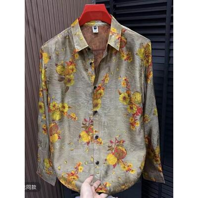 早春新款男士轻奢修身百搭休闲风中式潮流长袖翻领衬衫时尚9902