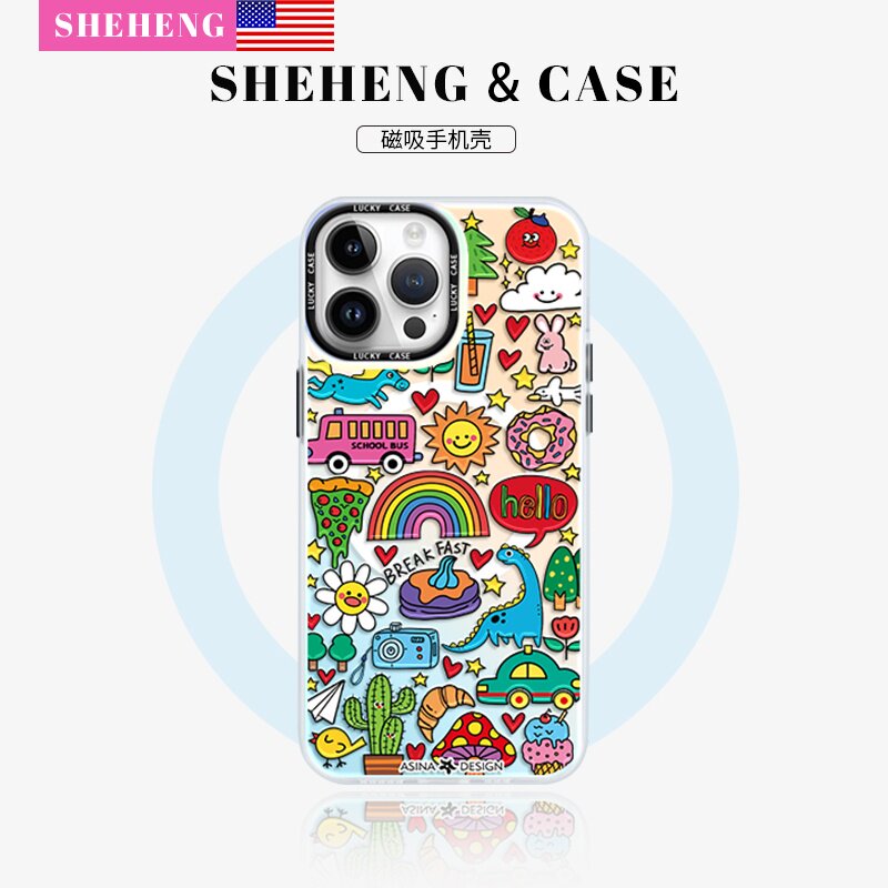 SHEHENG × 简笔亮彩涂鸦适用苹果17promax手机壳带磁吸支架硅胶个性13pro新款12/11高级xs防摔软