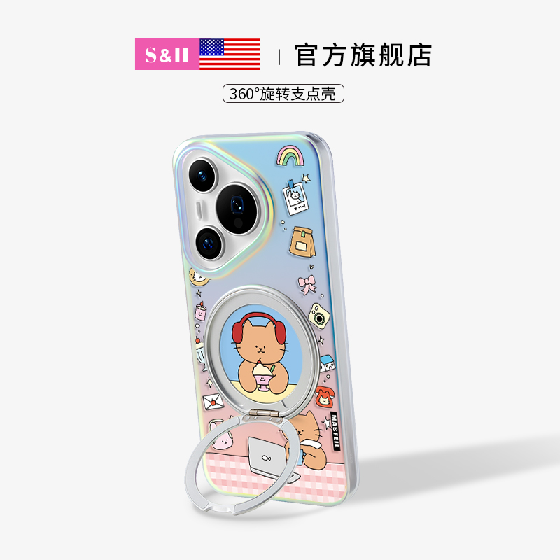 SHEHENG ×猫咪手账适用华为pura80pro手机壳pura70新款卡通80Ultra潮牌超薄70Pro+高级感带支架一体壳简约女