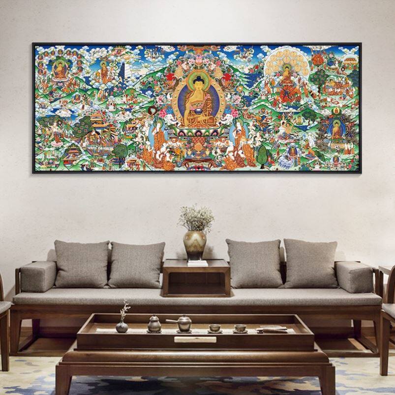 装饰画办公室横版唐卡挂画五方如来佛祖佛像三世佛释迦牟尼佛画像