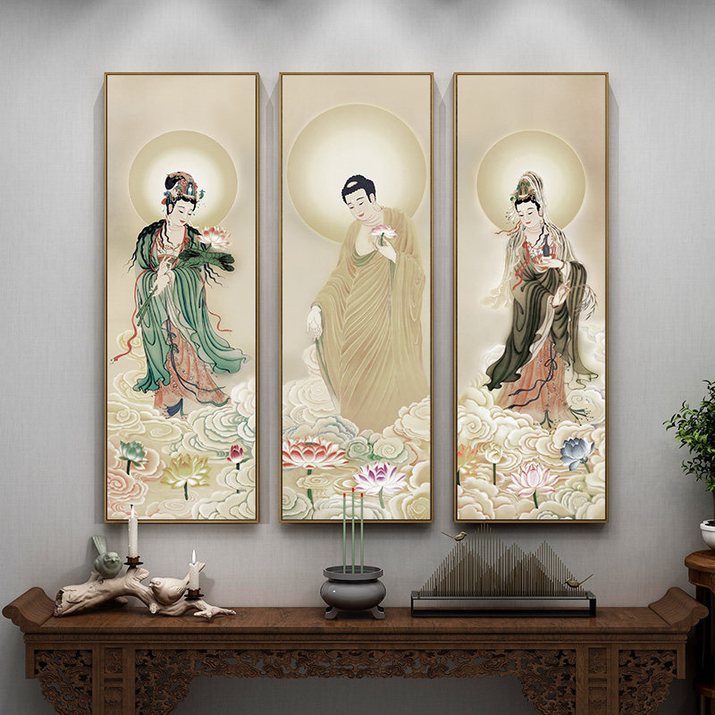 新款网红西方三圣画像新中式客厅三联画佛像装饰画供奉中堂背景墙