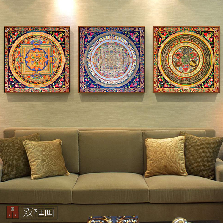 网红唐卡装饰画西藏民族风格曼陀罗坛城十相自在六字真言无框画