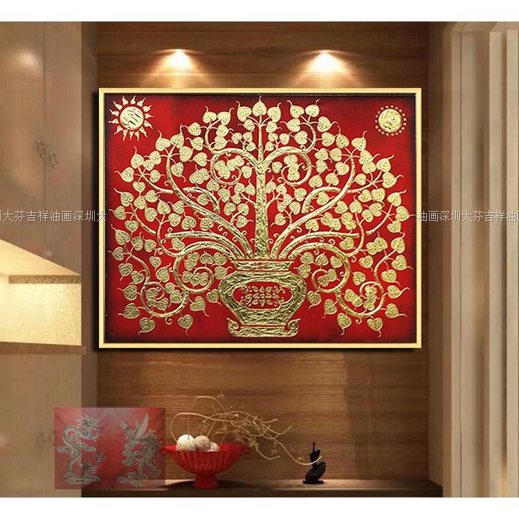 东南亚风格手绘吉祥金色菩提树装饰画有框画酒店家居会所玄关挂画图片
