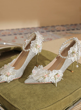 86111【羊皮】高跟婚鞋女细跟2024年新款蕾丝花朵珍珠一字带单鞋
