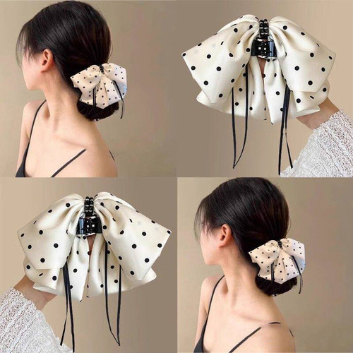 黑白波点蝴蝶结抓夹女新款马尾夹