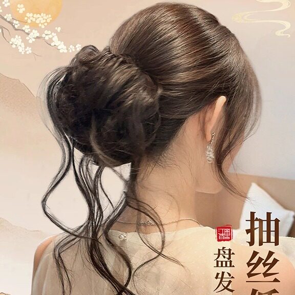 氛围感抽丝龙须低花苞丸子头假发
