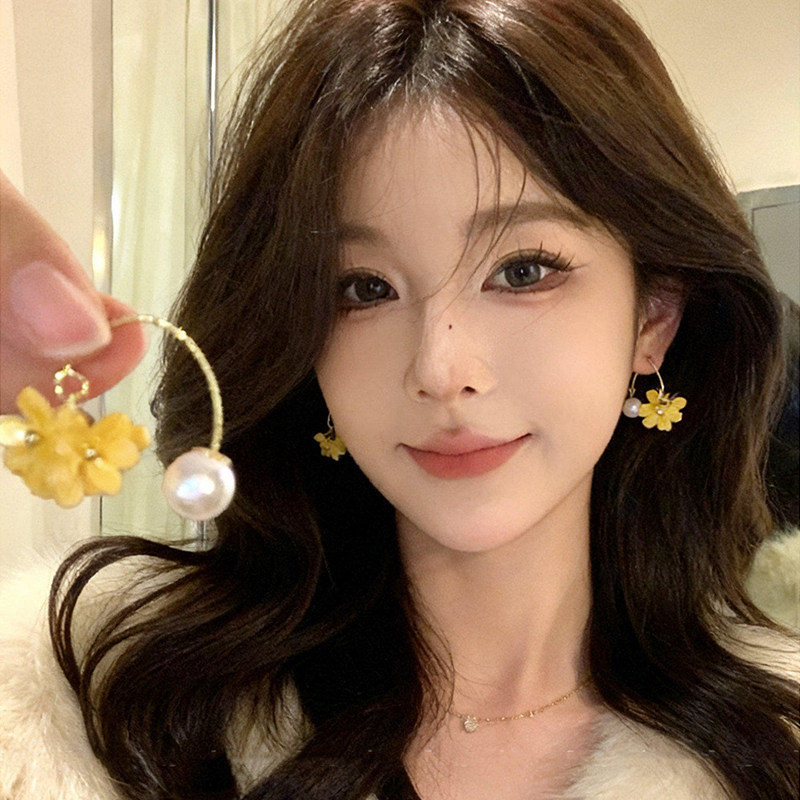 小黄花流苏花朵珍珠耳环女耳钉