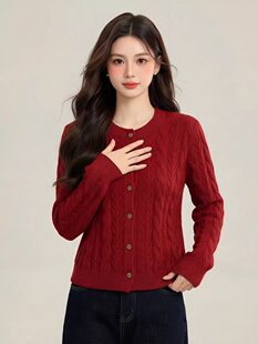 双鹿正品2026女冬季时尚休闲圆领纯毛小版开衫