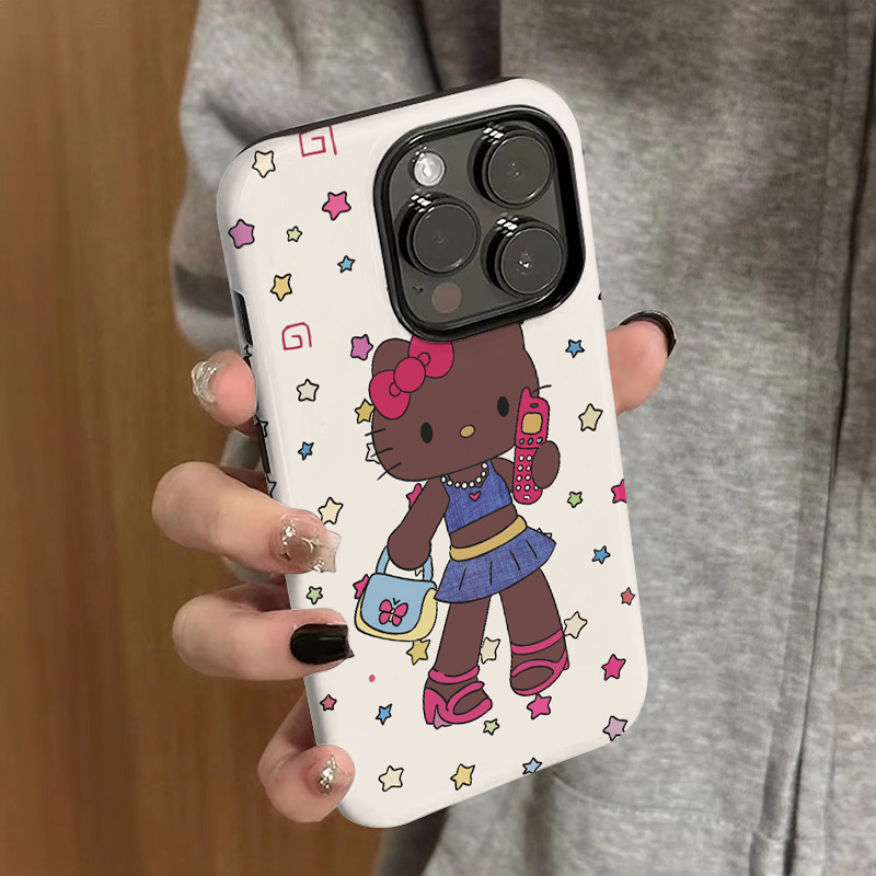 卡通可爱黑皮kitty猫适用苹果16promax手机壳iPhone15新款16软壳14二合一13菲林12保护套15pro手机套11全包