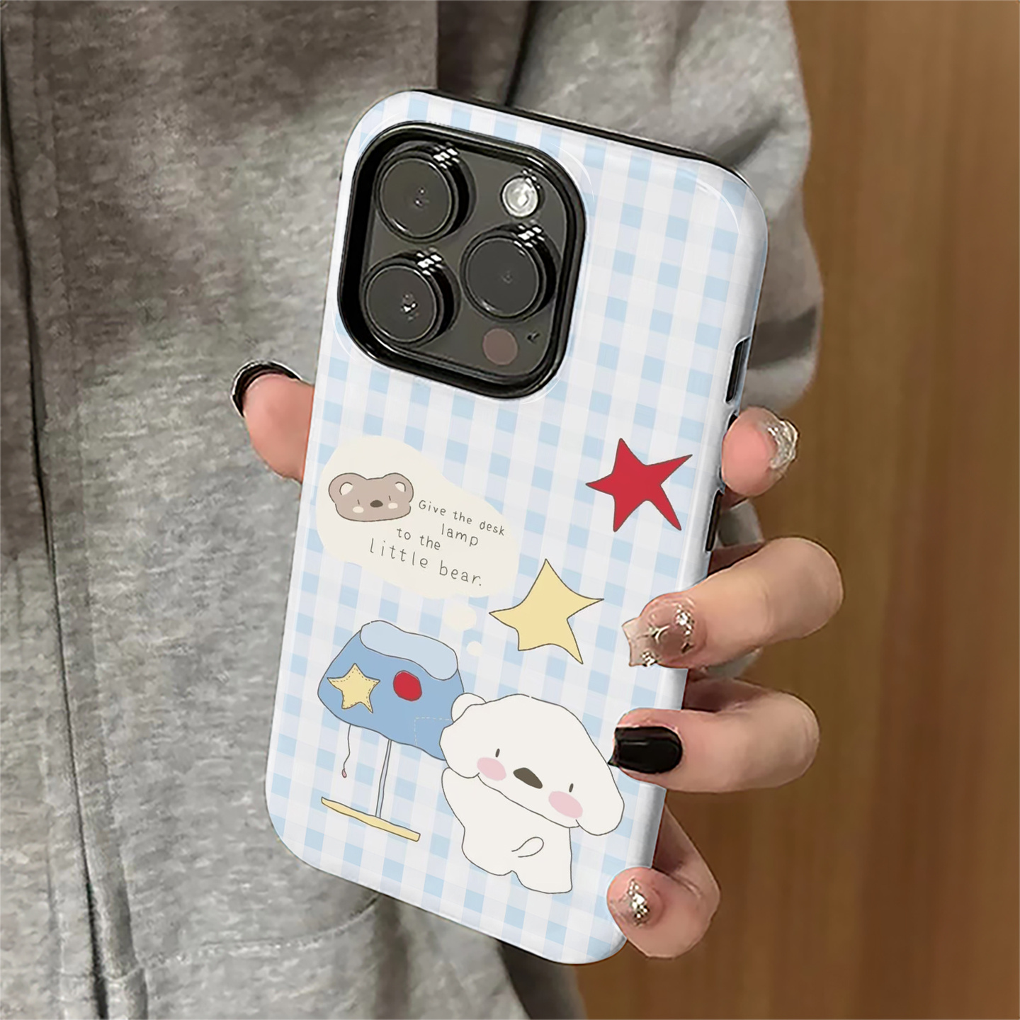 蓝格纹卡通可爱小狗手机壳