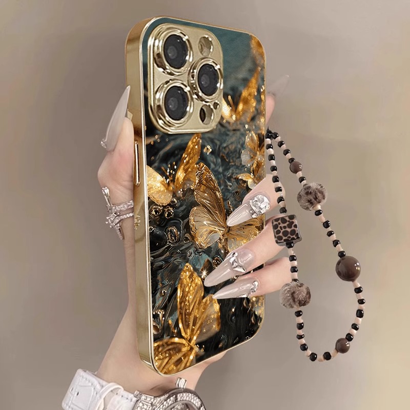 鎏金蝴蝶适用苹果16手机壳iphone15promax高级感16e电镀镜面14新款带手链13plus小众11全包防摔12创意女生硬