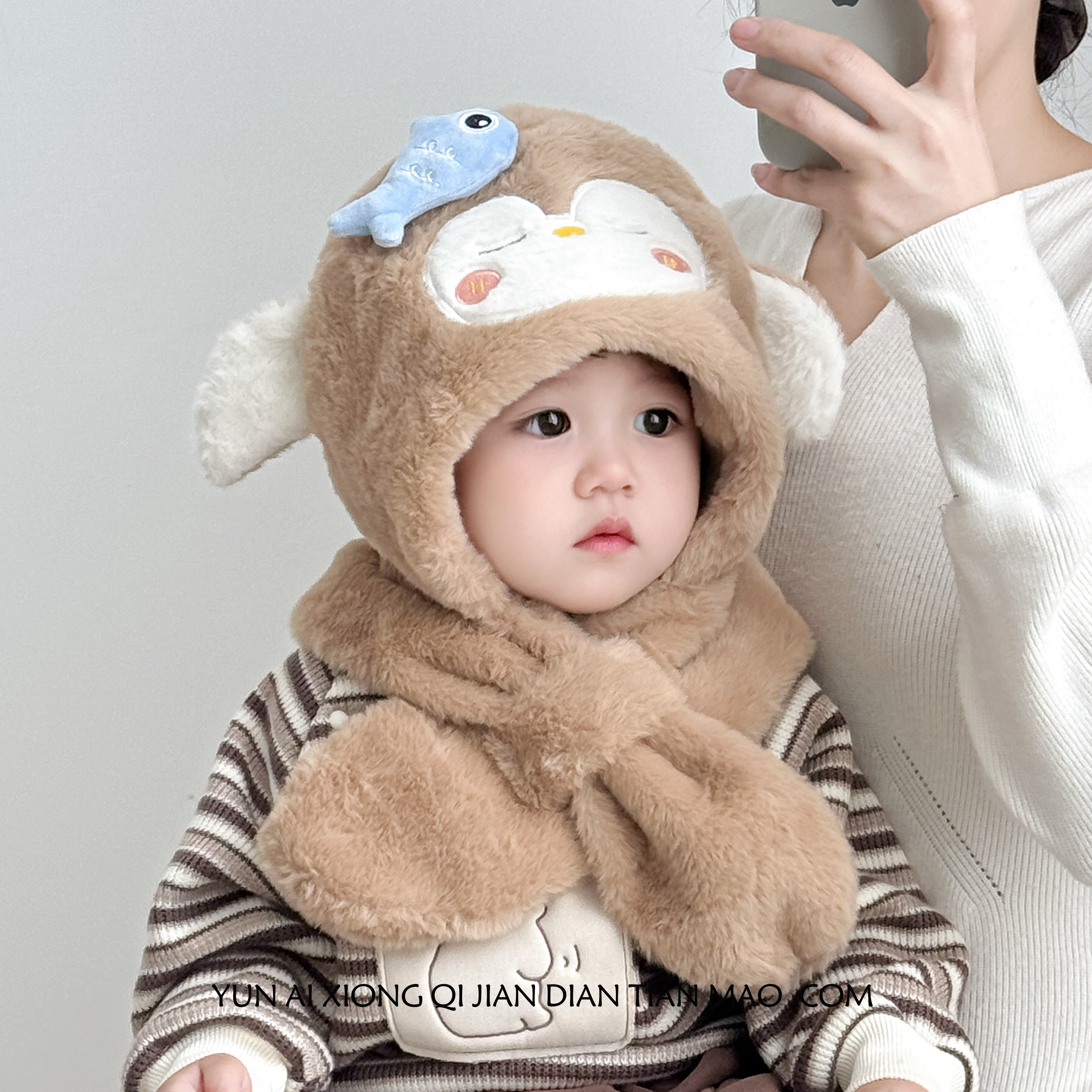 儿童帽子宝宝婴儿2025新款男孩防风围巾一体护耳帽秋冬季男童女童