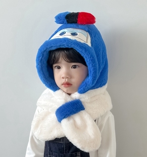 儿童帽子围巾一体帽加绒厚男女孩婴儿两件套超级飞侠 宝宝帽子冬季