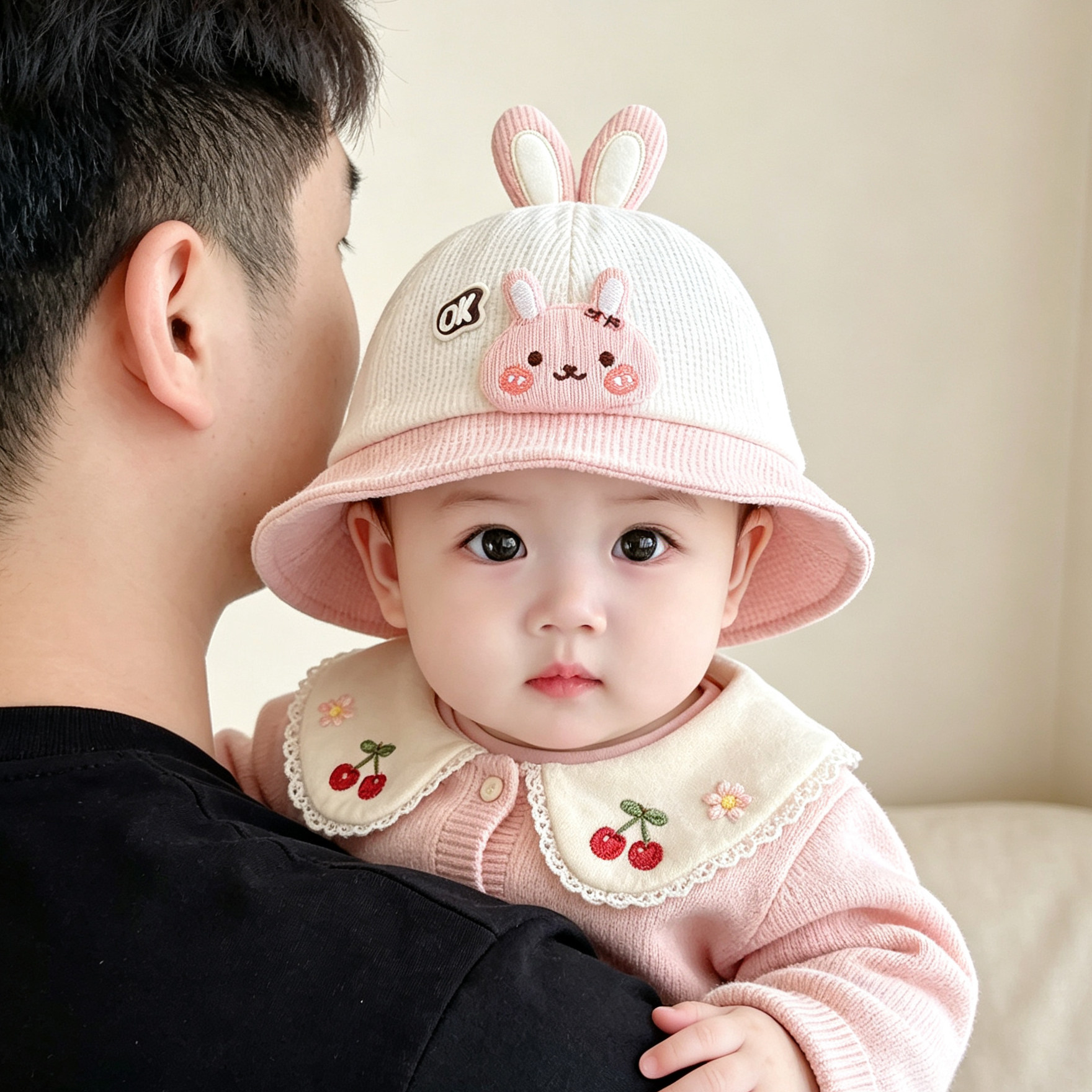 宝宝帽子秋冬季渔夫帽韩版可爱兔子男女童保暖婴幼儿灯芯绒防风厚