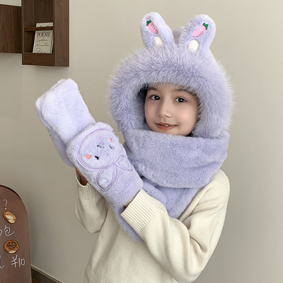 云艾熊毛绒帽子围巾三件套