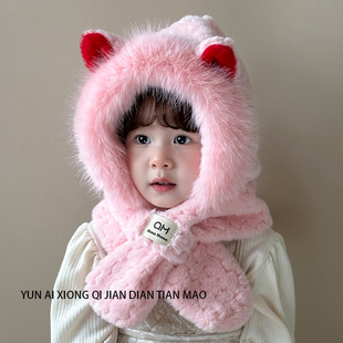 宝宝帽子秋冬季儿童围巾一体婴儿护脖帽猫咪男女童一岁保暖护耳帽