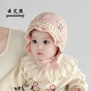秋冬季花边甜美公主婴儿帽子女童针织宝宝保暖毛线帽渔夫帽小月龄