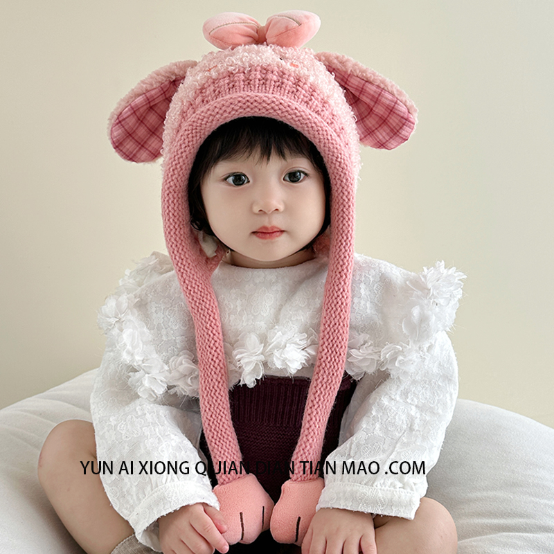 儿童帽子2024秋冬新款宝宝毛绒婴儿围巾一体保暖护耳帽女童针织帽