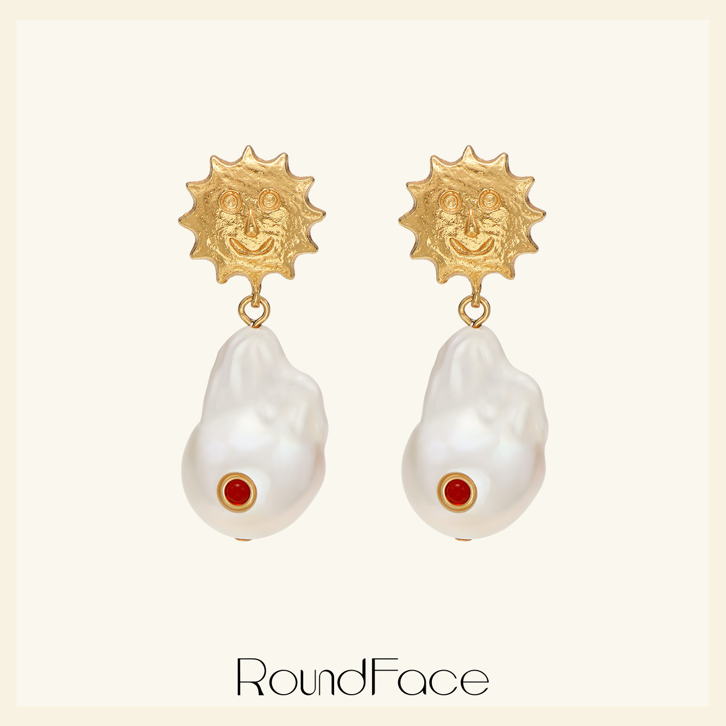 RoundFace炼金术系列天然巴洛克珍珠耳环法式复古手工金色笑脸女