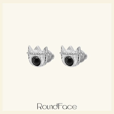 RoundFace炼金术系列925纯银皇冠黑玛瑙石高级日常佩戴耳钉纯手工