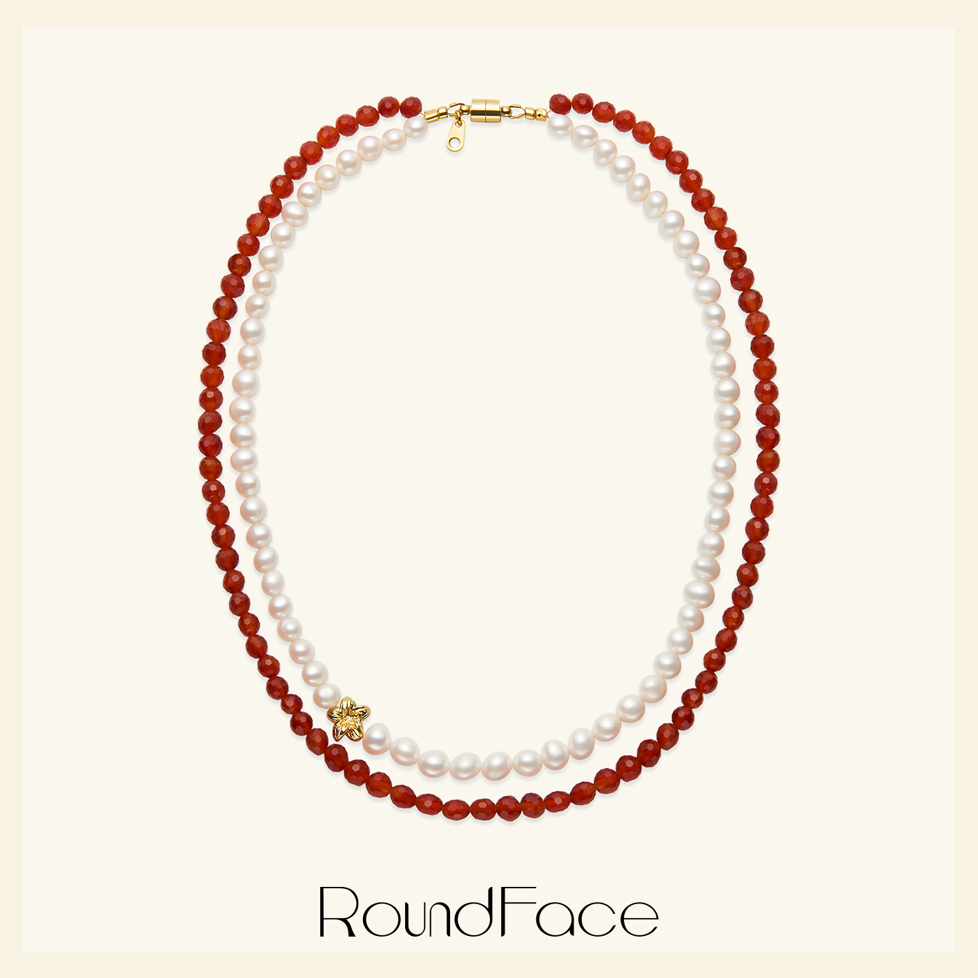 特卖款RoundFace 夏日系列度假风红玛瑙天然淡水珍珠双层项链法式