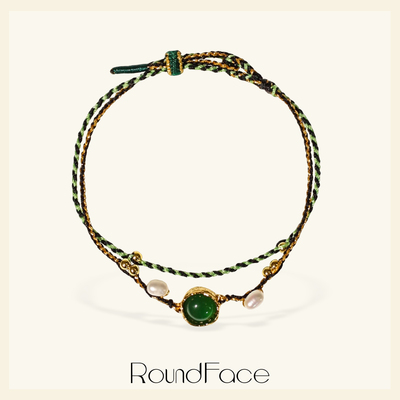 RoundFace 天然珍珠祖母绿精致⼿链复古纯手工手串金色法式优雅
