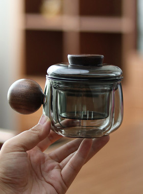 仙女款200ml花朵同心杯 高颜值木柄耐热玻璃泡茶杯小号过滤分离杯