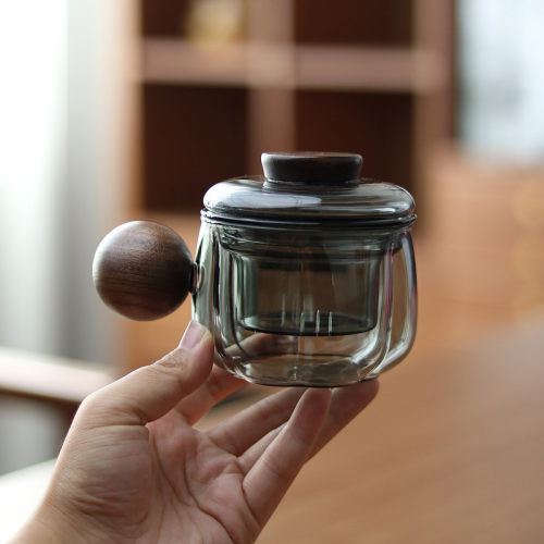 200ml高颜值木柄花朵玻璃泡茶杯