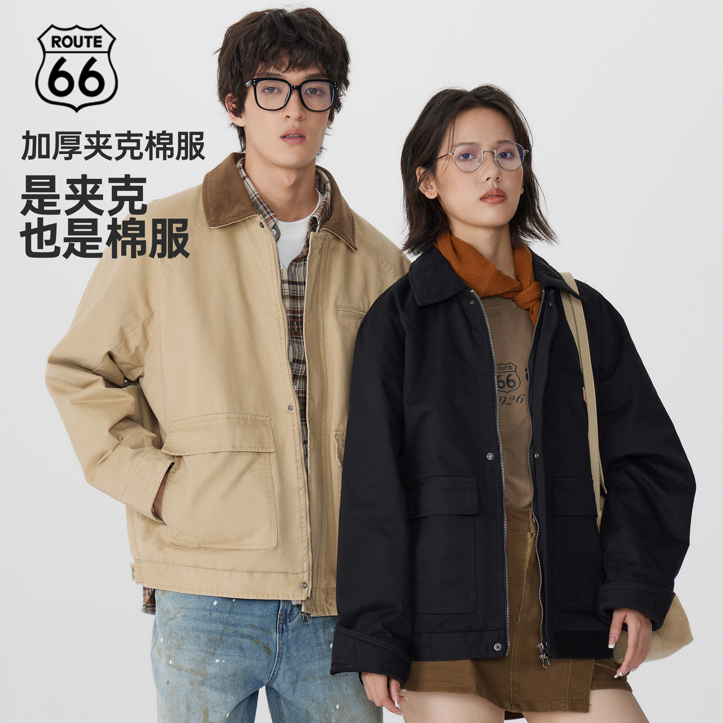 ROUTE66冬季棉服外套加厚2025新款巴恩风夹克翻领保暖棉衣男女款