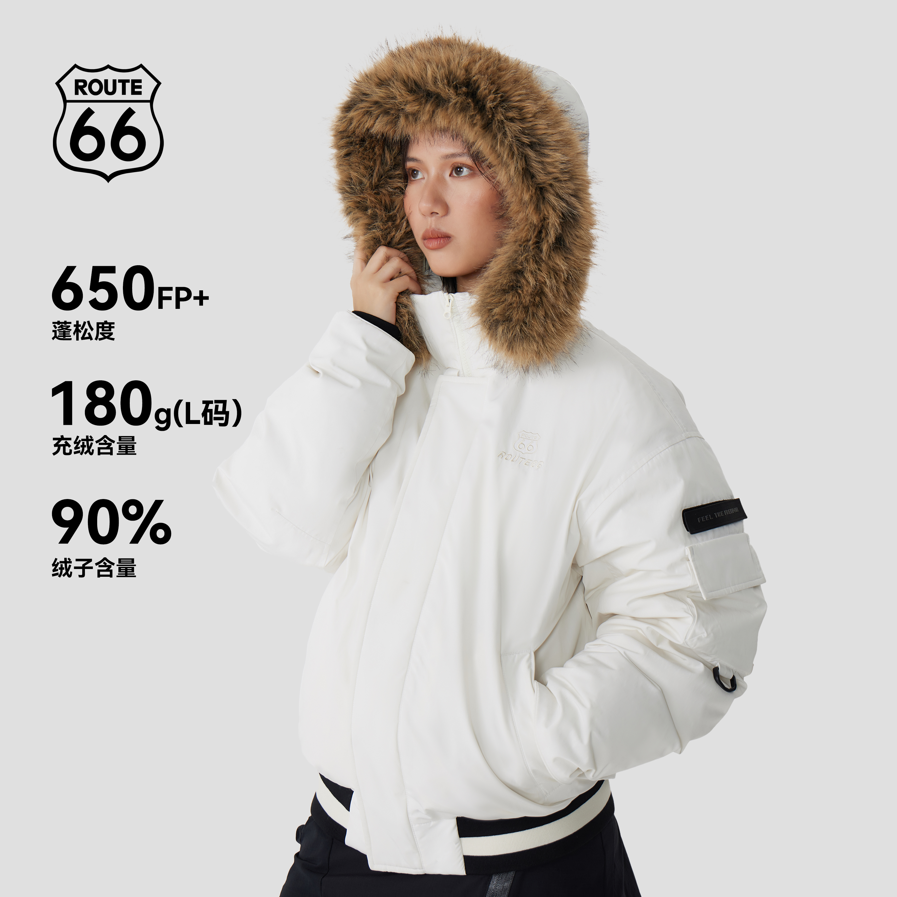 ROUTE66/66号公路冬季新款毛领短款羽绒服男女款加厚派克服外套潮