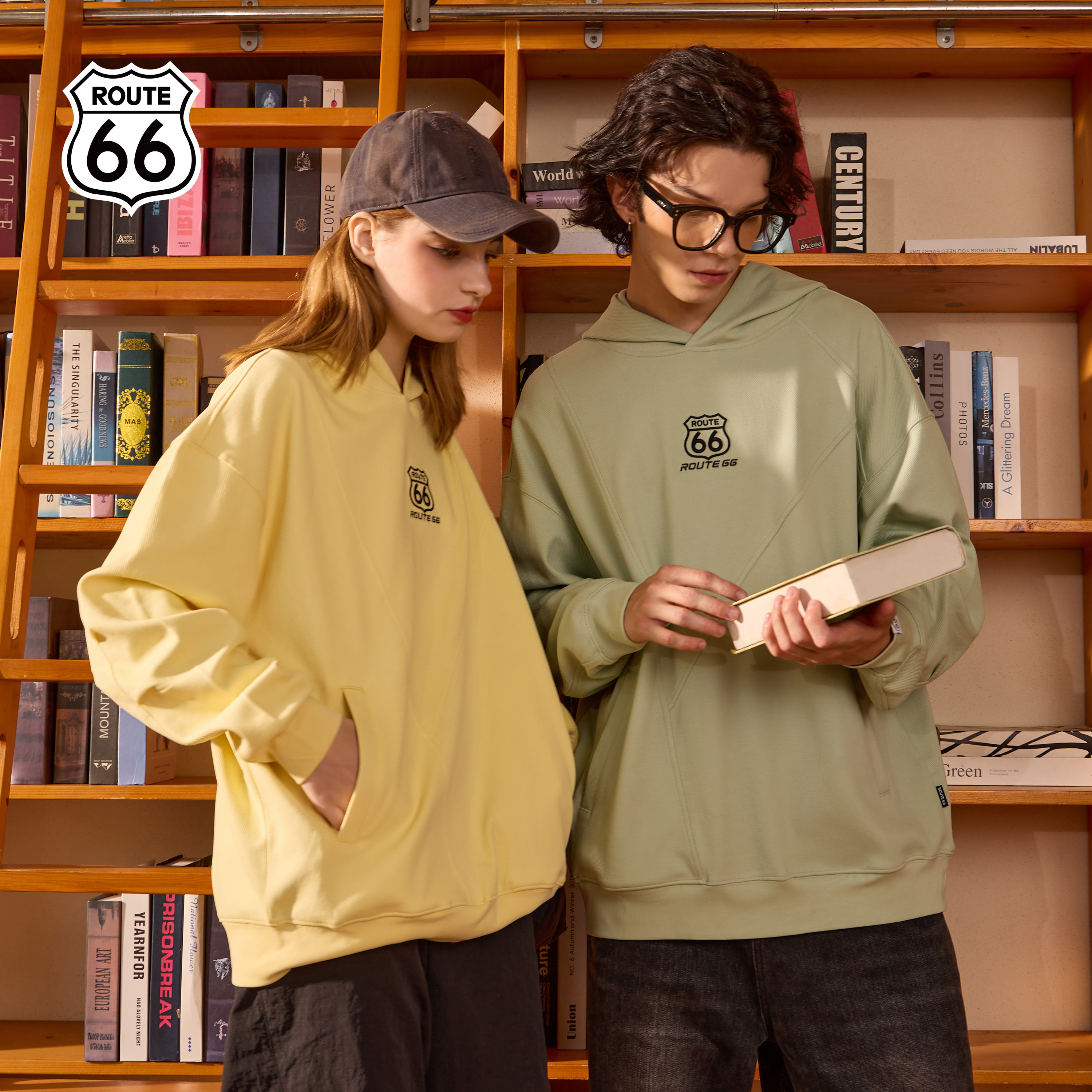 ROUTE66秋季连帽卫衣品牌绣花基础款美式复古男女宽松潮流情侣装