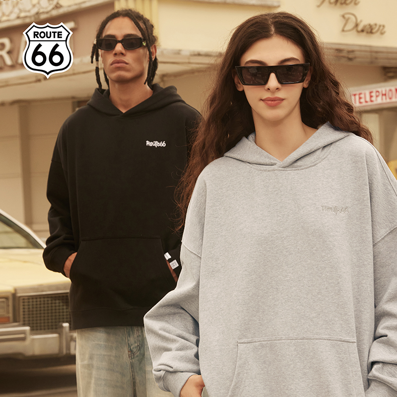 ROUTE66字母刺绣连帽卫衣