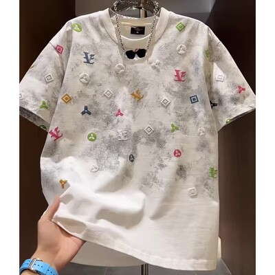 夏季新款扎染字母发泡印花短袖男