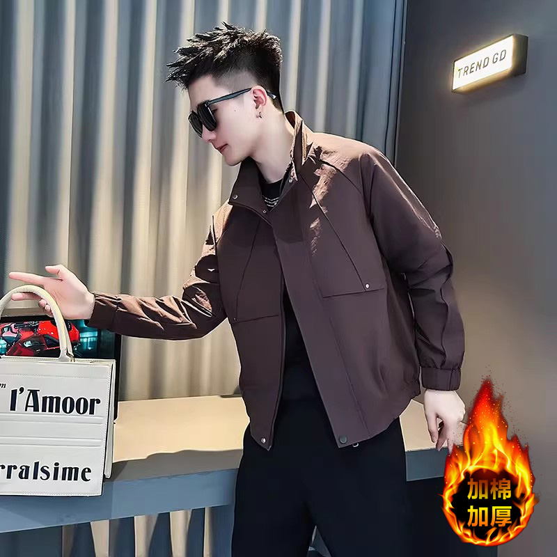 秋冬季新款男士夹棉立领纯色夹克
