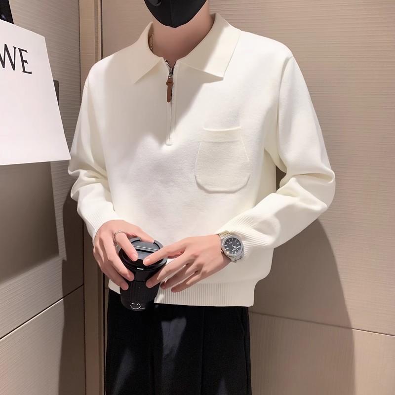 春秋季男士慵懒风翻领半拉链毛衣