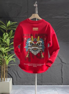 秋冬季时尚国潮印花圆领卫衣男2026新款潮流百搭加绒长袖红色上衣