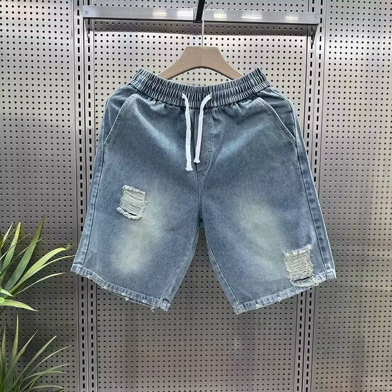 夏季美式复古做旧破洞牛仔短裤男